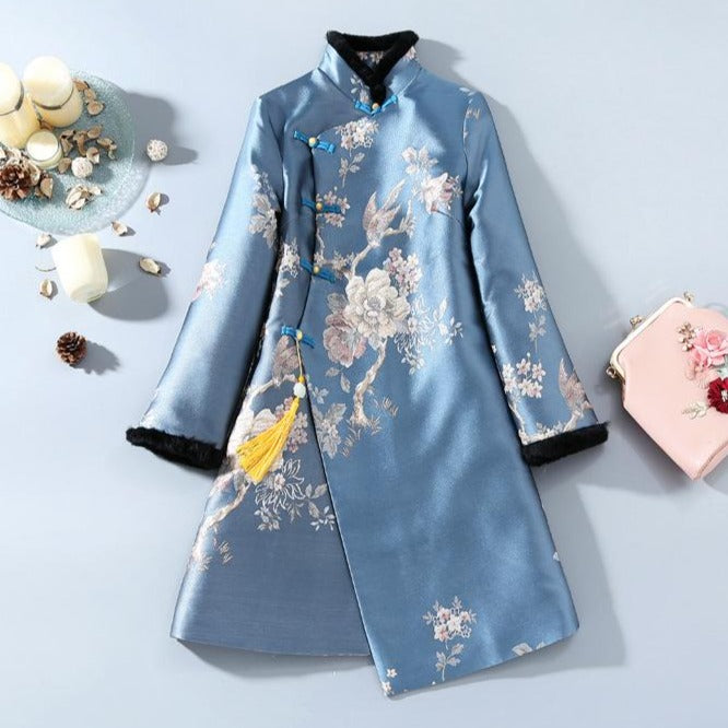 Floral Brocade Fur Collar Chinese Style Bodycon Wind Coat