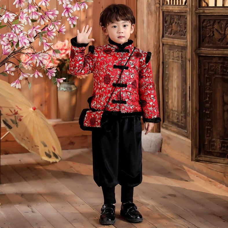 Floral Brocade Fur Edge Tradtional Chinese Style Boy's Wadded Suit