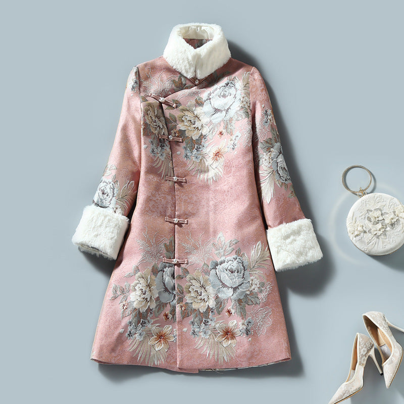 Floral Brocade Fur Edge Women's Chinese Style Wadded Coat