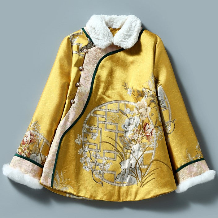 Floral Brocade Fur Edge Women's Chinese Style Wadded Coat