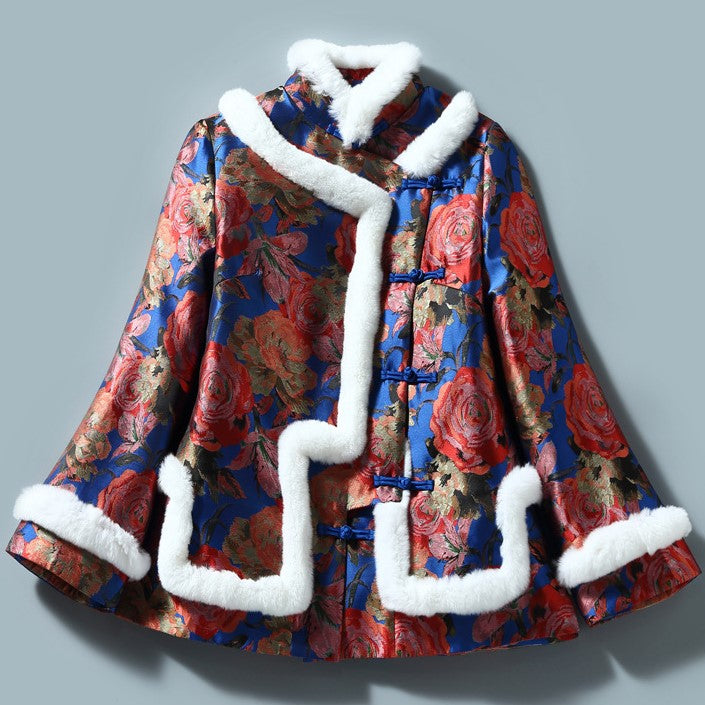 Floral Brocade Fur Edge Women's Chinese Style Wadded Coat with Strap Buttons