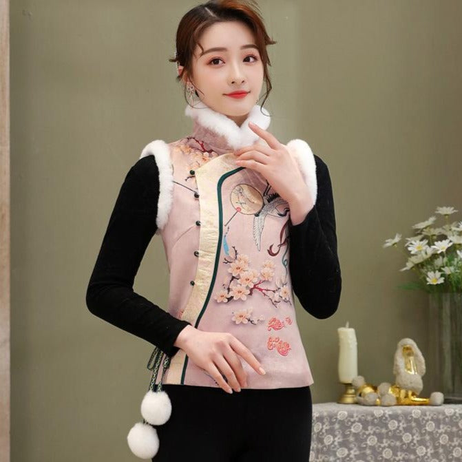 Floral Brocade Stand Collar Fur Edge Chinese Wadded Waistcoat Vest