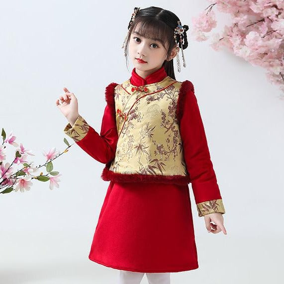 Floral Brocade Wadded Cheongsam & Waistcoat Girl's Suit