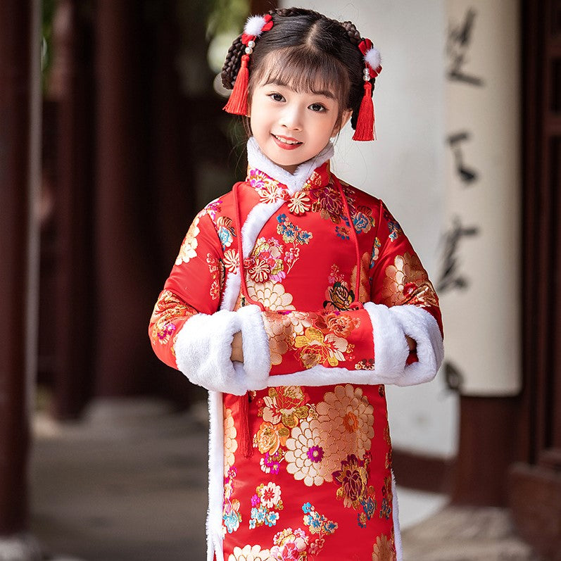 Floral Brocade Wadded Kid's Cheongsam Knee Length Chinese Dress