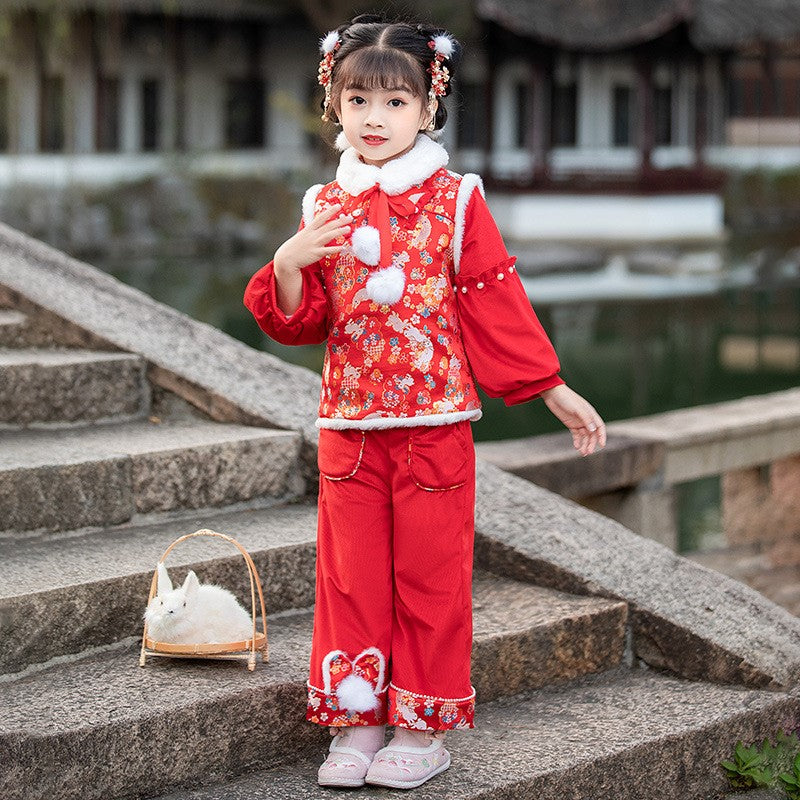 Floral Brocade Wadded Waistcoat Girl's Traditional Chinese Suit