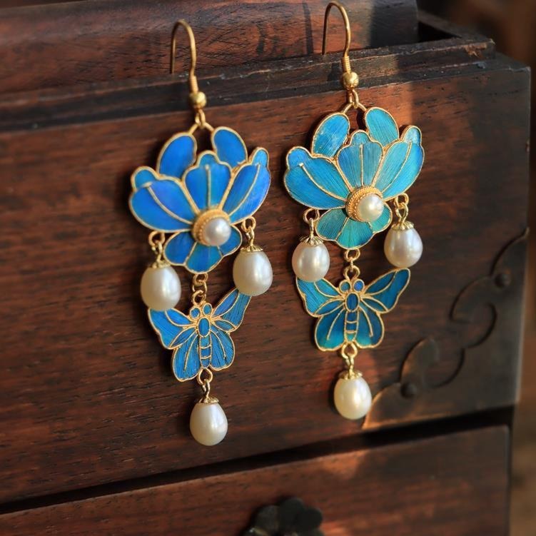 Floral & Butterfly Shape Cloisonne Chinese Style Gilding Earrings