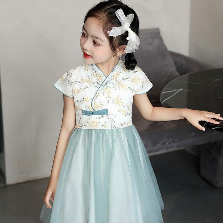 Floral Cheongsam Top Chiffon Skirt Traditional Girl's Chinese Dress