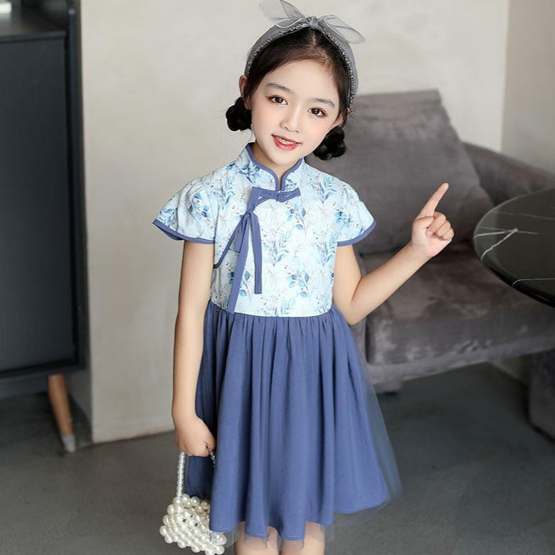 Floral Cheongsam Top Chiffon Skirt Traditional Girl's Chinese Dress