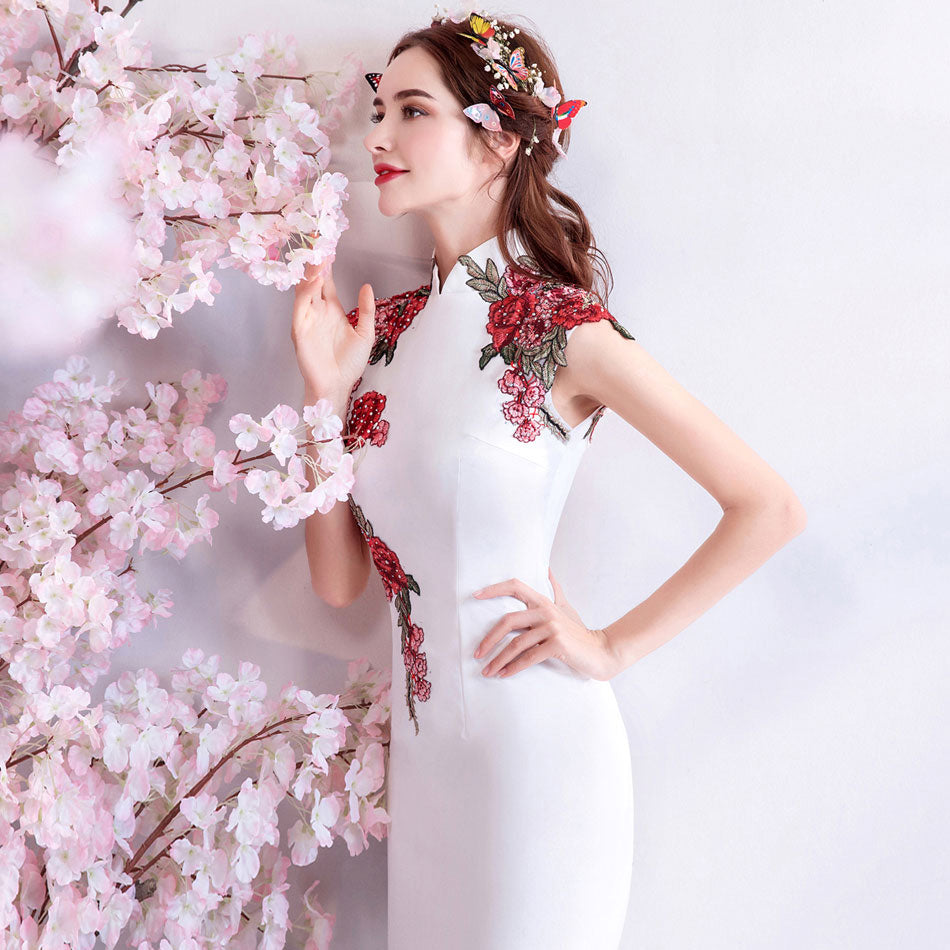 Floral Cheongsam Top Full Length Mermaid Evening Dress