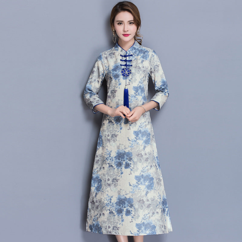 Floral Cotton Tea Length Chinese Style Casual Dress