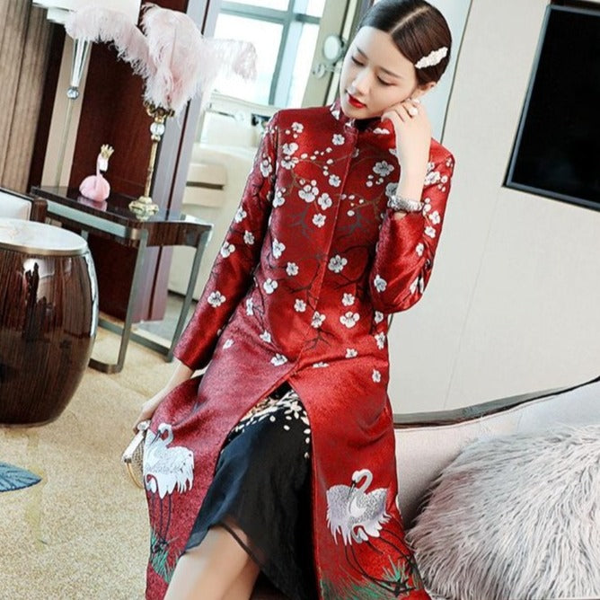 Floral & Crane Pattern Fancy Cotton Retro Chinese Wind Coat Mother Coat