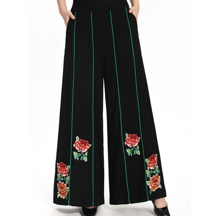 Floral Emboidery & Stripes Pattern Chinese Style Women's Loose Pants