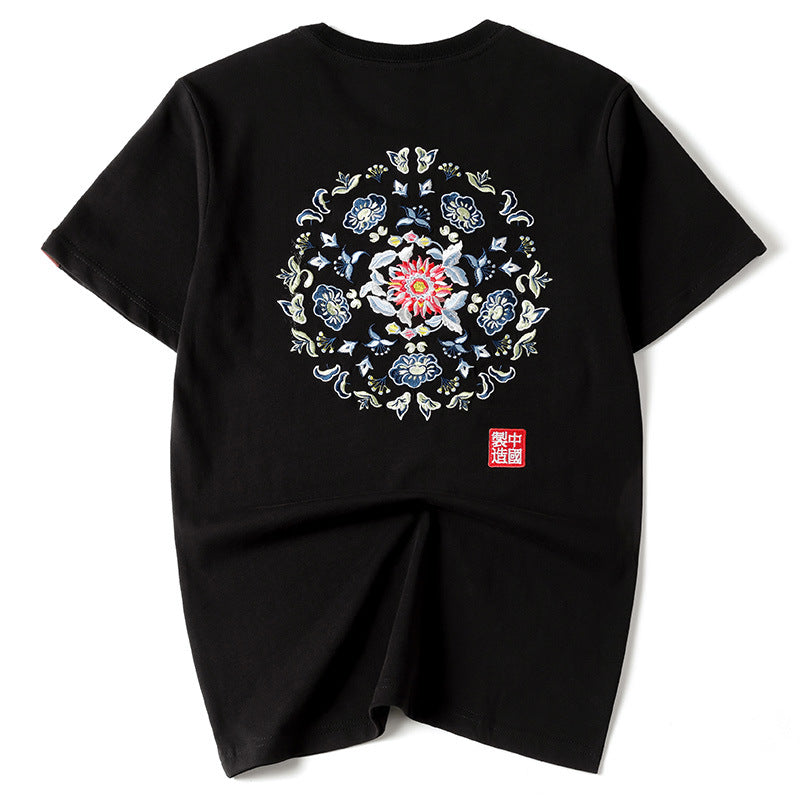 Floral Embroidery 100% Cotton Short Sleeve Unisex T-shirt