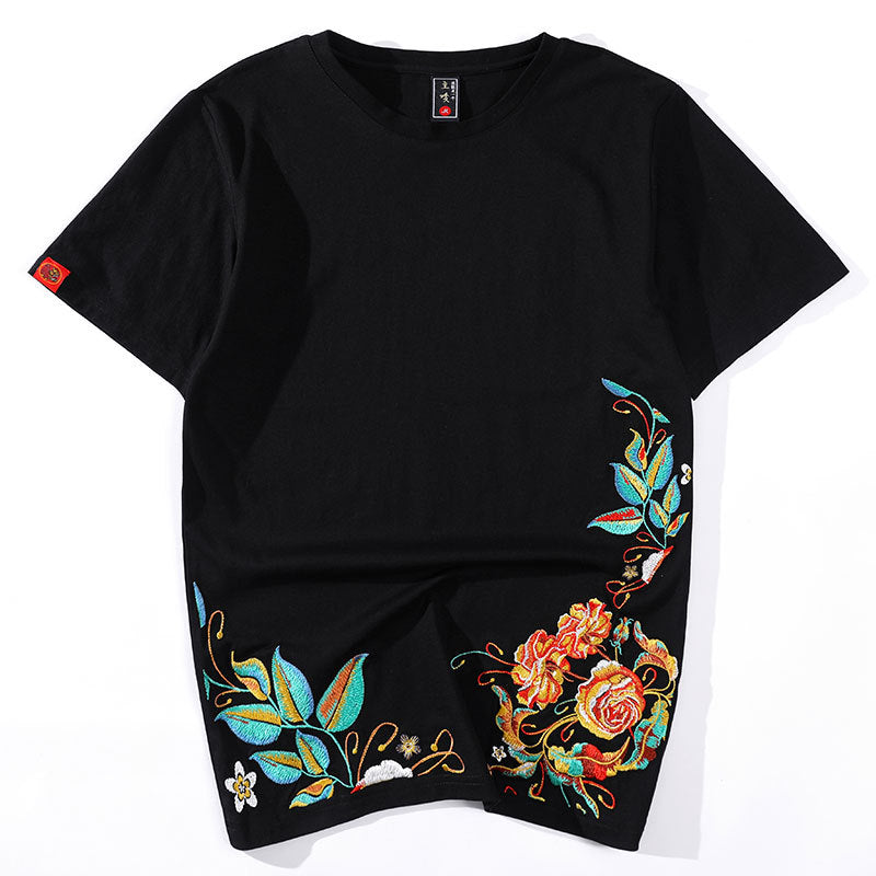 Floral Embroidery 100% Cotton Short Sleeve Unisex T-shirt