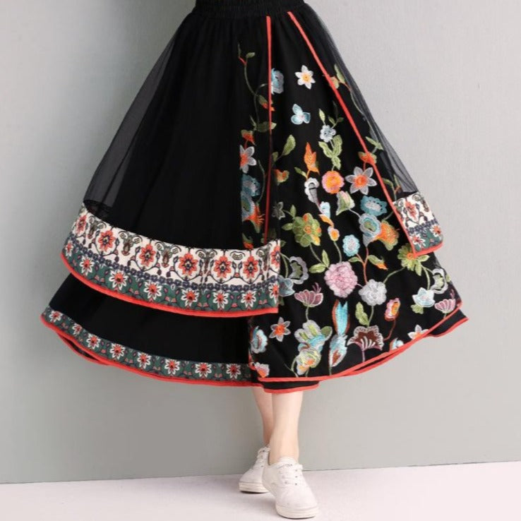 Floral Embroidery A-line Traditional Chinese Style Expansion Skirt