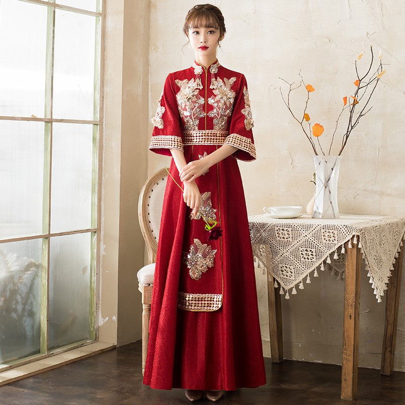 Floral Embroidery Applique Half Sleeve Mandarin Collar Oriental Evening Dress