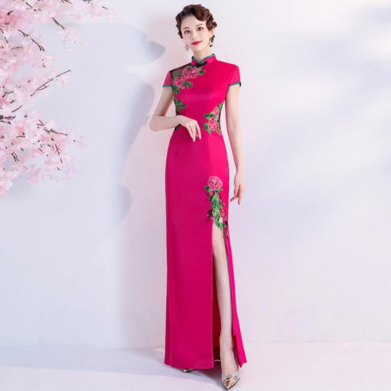 Floral Embroidery Appliques Cheongsam Top A-line Evening Dress