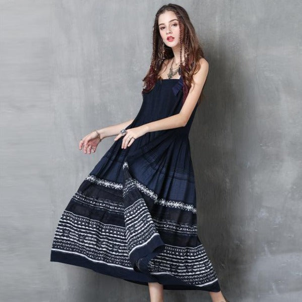 Floral Embroidery Backless Chinese Style Jean Dress Sun Dress