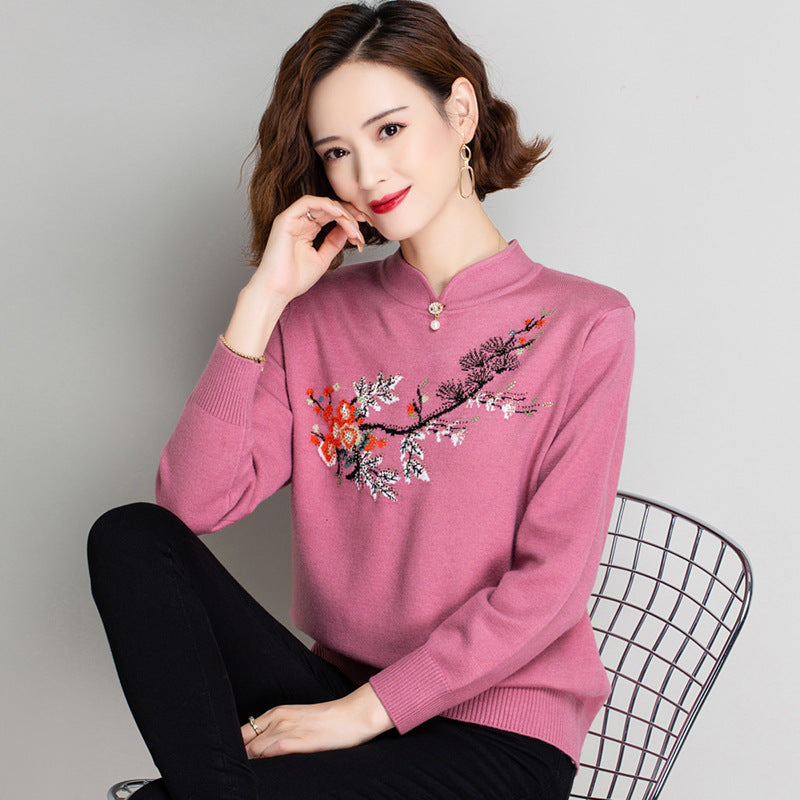 Floral Embroidery Blouse Chinese Style Knit Shirt