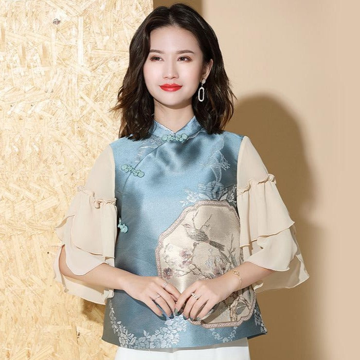 Floral Embroidery Brocade Cheongsam Top Traditional Chinese Blouse