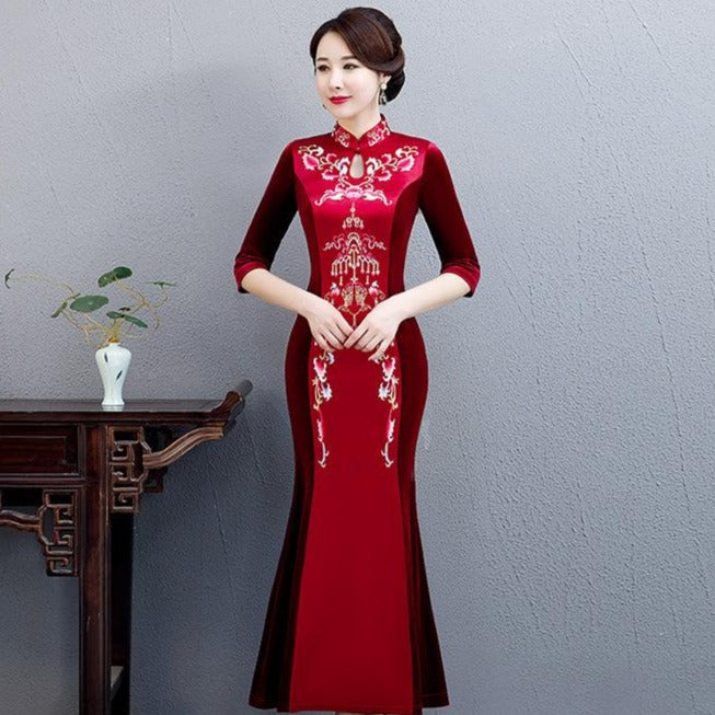 Floral Embroidery Brocade & Velvet Cheongsam Mother Dress