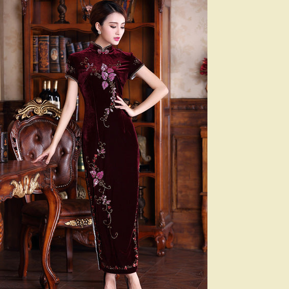 Floral Embroidery Cap Sleeve Full Length Velvet Cheongsam Chinese Dress