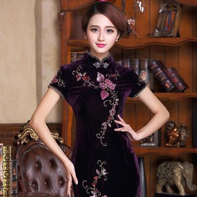 Floral Embroidery Cap Sleeve Knee Length Velvet Cheongsam Chinese Dress