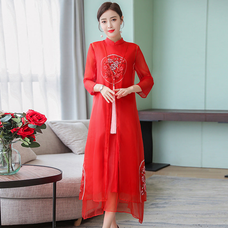 Floral Embroidery Cheongsam Han Chinese Costume 2-piece Suit