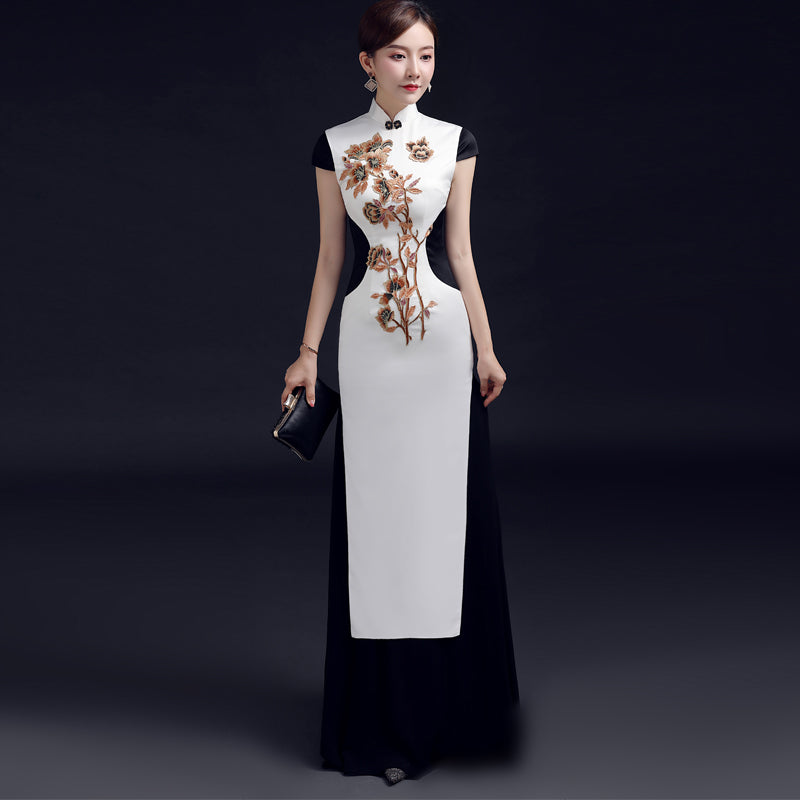 Floral Embroidery Cheongsam Top Ao Dai Chinese Evening Dress