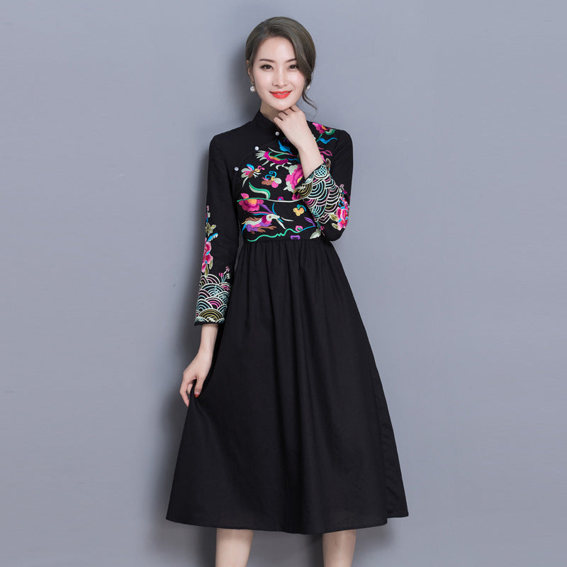 Floral Embroidery Cheongsam Top Chiffon Skirt Chinese Dress