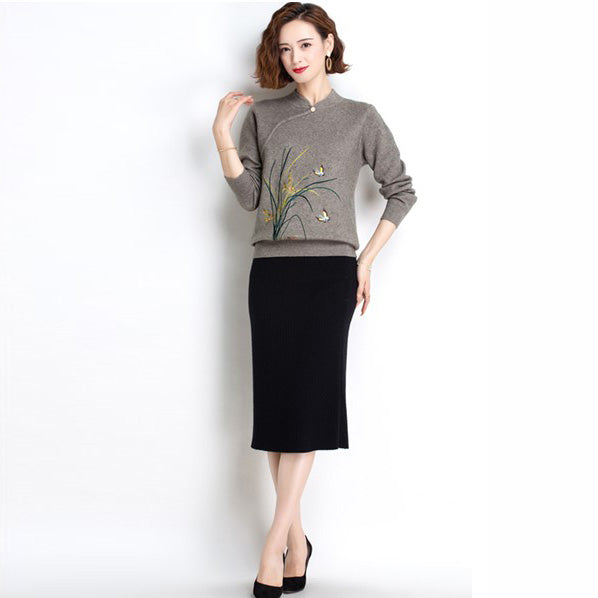 Floral Embroidery Cheongsam Top Chinese Style Loose Knit Shirt