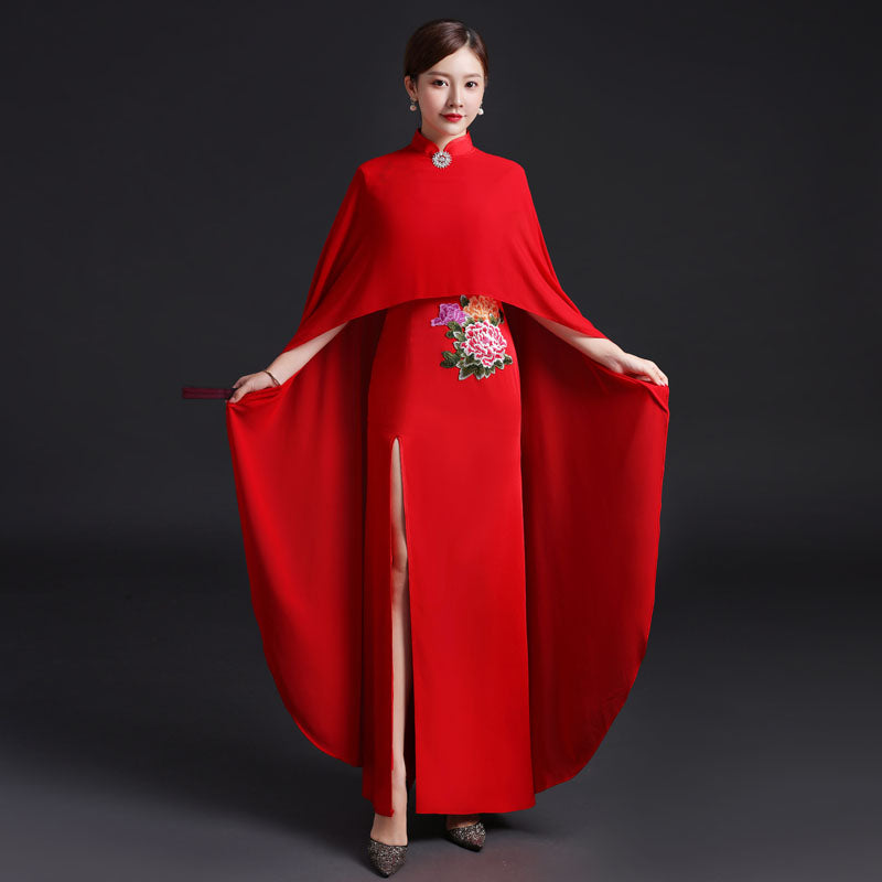 Floral Embroidery Cheongsam Top Mermaid Chinese Evening Dress with Cape