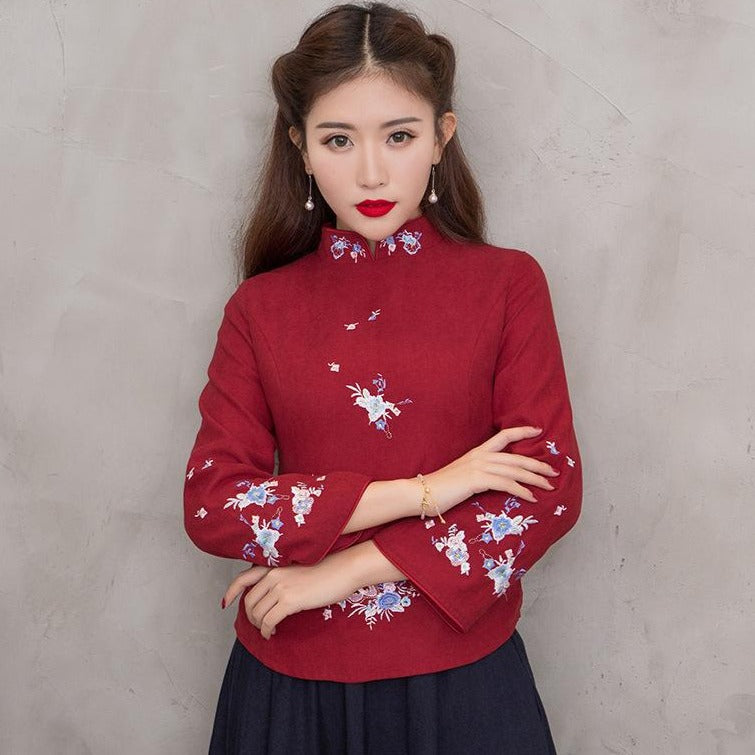 Floral Embroidery Cheongsam Top Retro Chinese Jacket