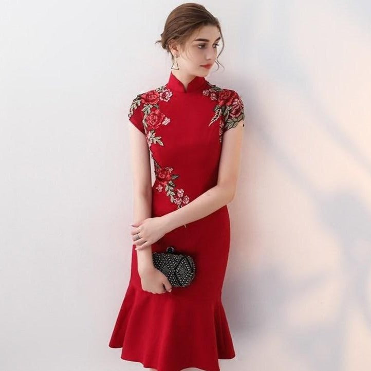 Floral Embroidery Cheongsam Top Ruffle Skirt Chinese Wedding Party Dress