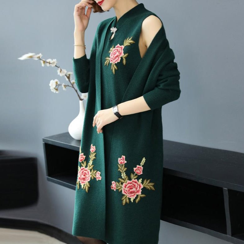 Floral Embroidery Chinese Style Knit Cheongsam & Coat Two-piece Suit