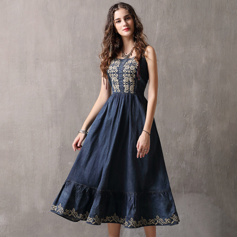 Floral Embroidery Chinese Style Sun Dress Retro Jean Dress