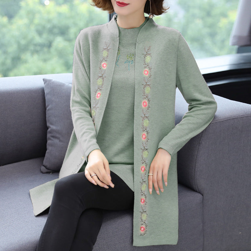 Floral Embroidery Chinese Style Women's Knit Coat Two-piece Suit