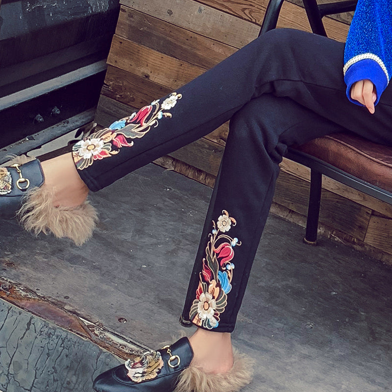 Floral Embroidery Chinese Style Women's Pants Long Trousers