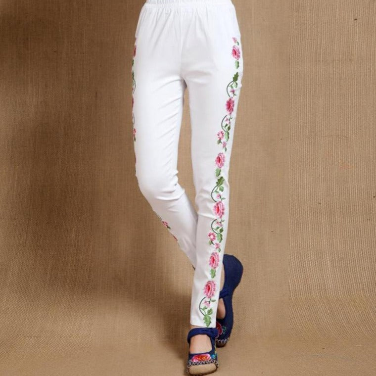 Floral Embroidery Chinese Style Women's Skinny Pants Leggings