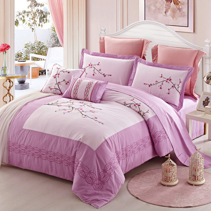 Floral Embroidery Cotton 4-Piece Chinese Style Bedding Set