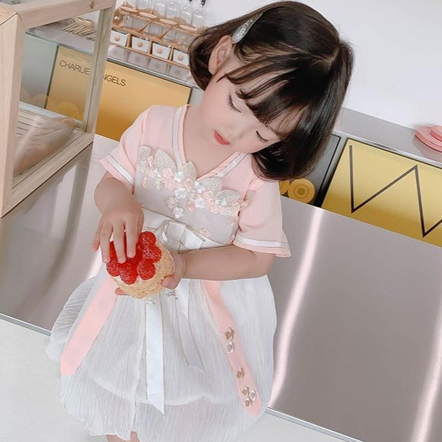 Floral Embroidery Crushed Skirt Chinese Hanfu Kid's Dress