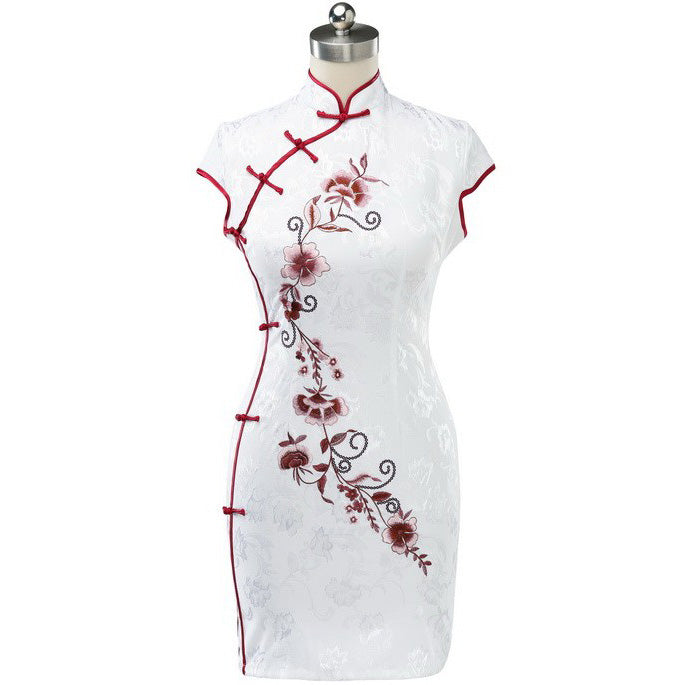 Floral Embroidery Fancy Cotton Knee Length Cheongsam Chinese Dress