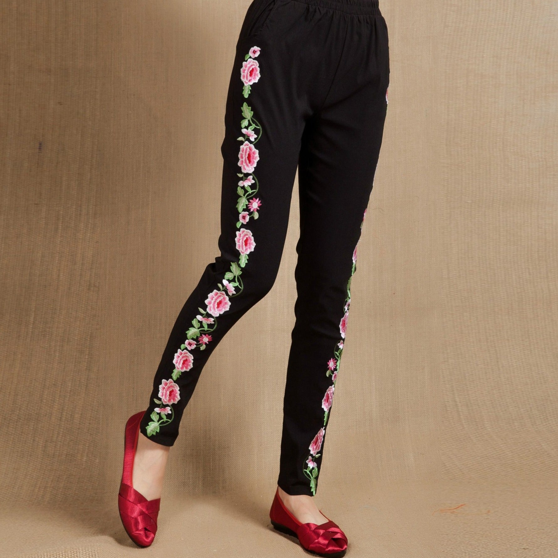 Floral Embroidery Fleece-lined Chinese Style Women's Pants Leggings