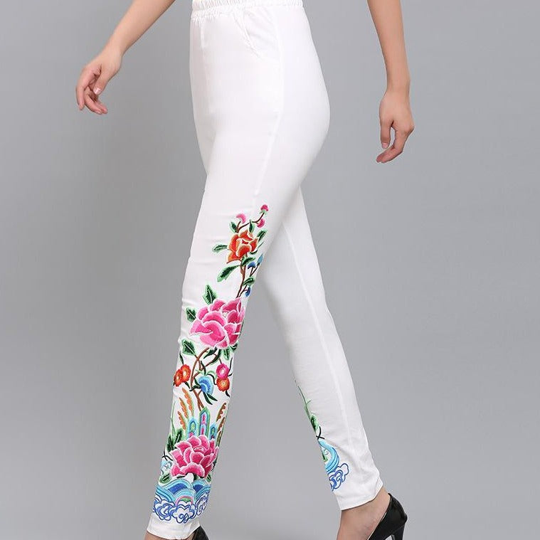 Floral Embroidery Fleece-lined Chinese Style Women's Skinny Pants Leggings