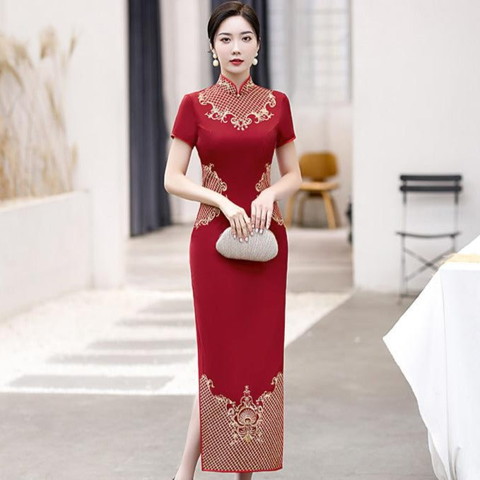 Floral Embroidery Full Length Cheongsam Mother Dress Evening Gown