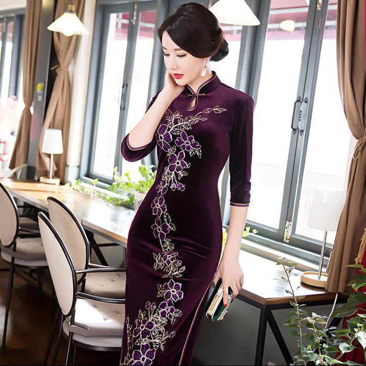 Floral Embroidery Full Length Velvet Cheongsam Mother Dress