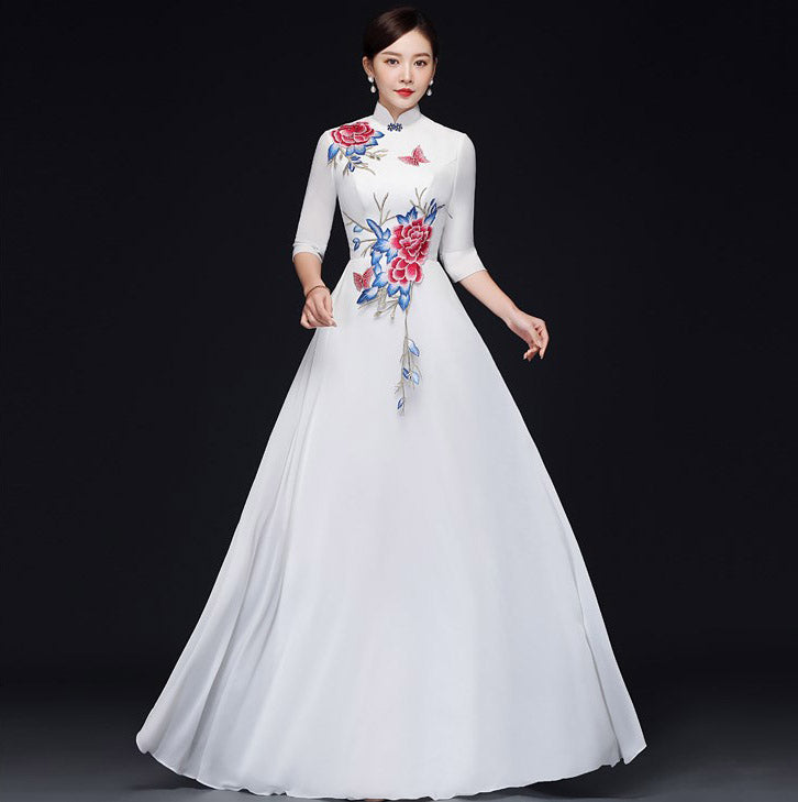 Floral Embroidery Half Sleeve Cheongsam Top Chinese Prom Dress