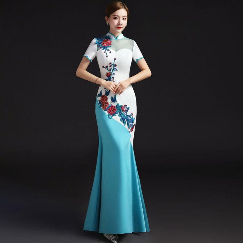 Floral Embroidery Illusion Neck Mermaid Cheongsam Chinese Evening Dress