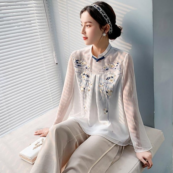 Floral Embroidery Illusion Neck & Sleeve Chinese Style Blouse