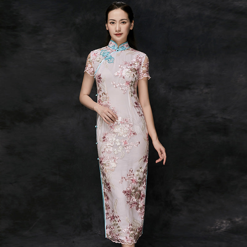 Floral Embroidery Illusion Sleeve Bodycon Cheongsam Chinese Dress